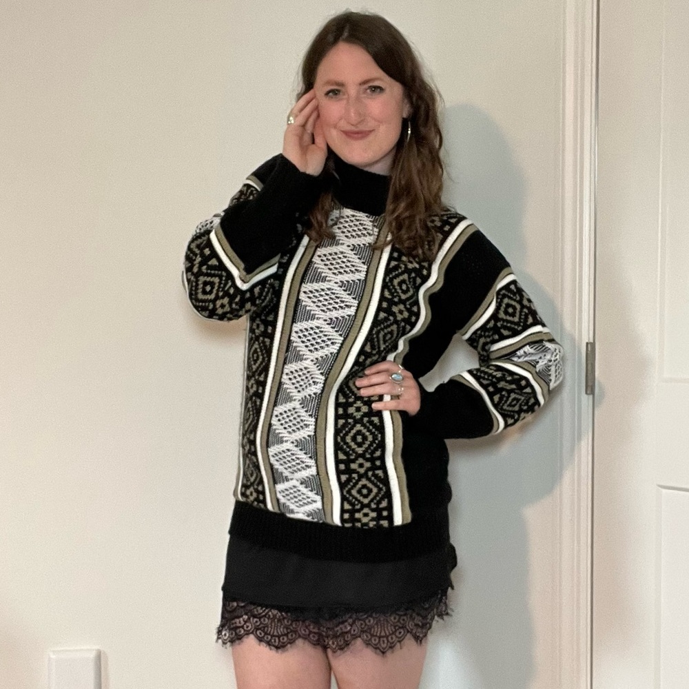 Clifton Place 80s/90s Black Taupe & White Boho Cowl Neck Aztec Knit Sweater 🖤🪶